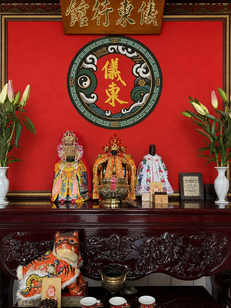 儀東行館神壇實景,包含匾額、奉祀神尊與供桌